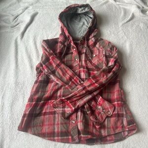 pink and red carhartt button up